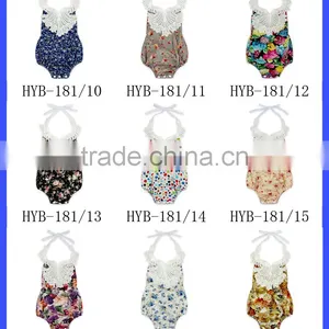 Baby & Kids Clothes Summer Cotton Frock Navy Flower Printed Halter Lace Froal Infant Baby Girl Bodysuit Vintage Romper thumbnail-6