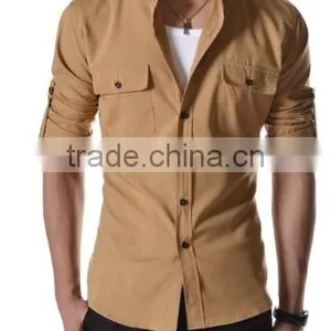Men Casual Shirts Cotton Fabric Welcomed Men Chinese Collar Shirts thumbnail-2