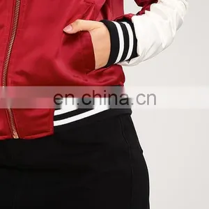 Lightly Padded Women Polyester College Plain Satin Baseball Jacket thumbnail-5