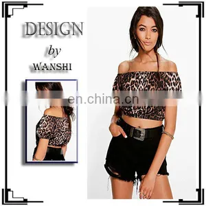 High Quality Women Clothing Leopard Print Off The Shoulder Plain Crop Tops Wholesale thumbnail-1
