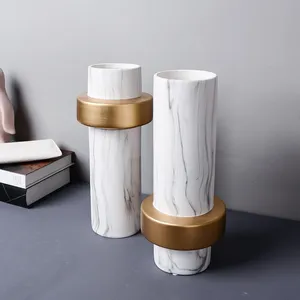 Marbling White And Gold Rings Ceramic Flower Vase, Office Hotel Showroom Tea Table Decoration thumbnail-3