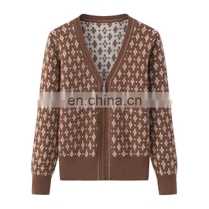 Custom Women's Loose Full Zip Floral Jacquard Lady Cashmere Sweater Casual Winter Style Knitted Top thumbnail-6