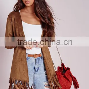 2015 Women Winter Long Sleeve Faux Suede Jacket With Fringe Hem thumbnail-6