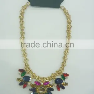 FASHION MULTI COLOR GLASS STONE HAND MADE CHAIN STATEMENT NECKLACE thumbnail-1