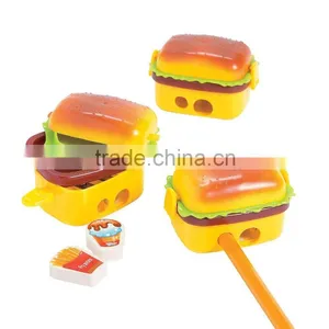 Hot Sale Two Hole Creative Cute Fashion Hamburger Shaped Plastic Pencil Sharpener With 2 Erasers Novelty Children Study Tools thumbnail-1