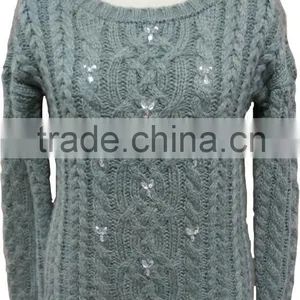 Mohair Like Acrylic,chunky,soft Hand Feeling,allover Cable With Beading,ladies' Pullover thumbnail-1