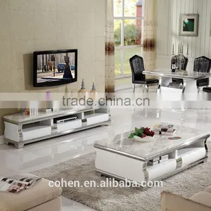 European High Gloss Face Stainless Steel Frame Coffee Table Set With Marble Top White thumbnail-1