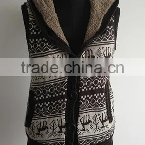 Ladies Sleeveless Jacquard Knit Sweater Coat With Hood thumbnail-1