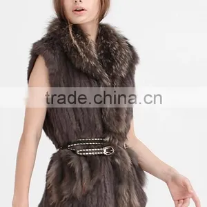 YR644 Women Genuine Rabbit Hand Knit With Raccoon Fur Waistcoat Yanran Fur Factory OEM Order Fur Gilet thumbnail-2