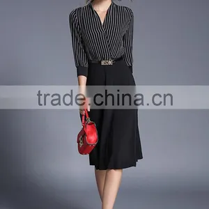 Fashion Women V Neck Vertical Stripes Office Dress Korean OL Belted Midi Dress thumbnail-6