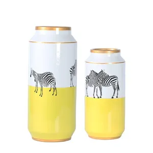European Simple Style Zebra Painting Cylinder Yellow Ceramic Storage Vases Flower Decoration With Round Lid For Living Room thumbnail-1