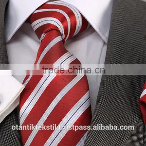 Red Stripe Necktie Set, Pocket Square and Cufflink Set Neck Tie, Corbata, Gravate, Krawatte, Cravatta, Fashion Tie thumbnail-1
