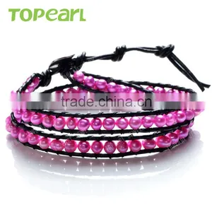 Topearl Jewelry 2016 Popular Potato Shape Rosy Freshwater Pearl Bracelet Woven Leather Wrap New Models Bracelets CLL163 thumbnail-1