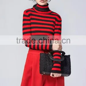 JS--11016B Have Three Colors In-stock Turtle Neck Striped Women Knit Sweater thumbnail-2