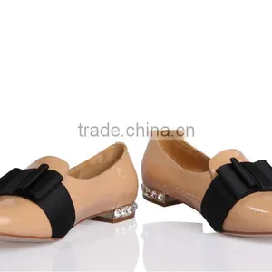 Genuine Leather Apricot Women Flat Bowknot Shoes Heels With Diamond thumbnail-3