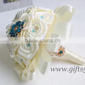 Customized Handmade Wedding Bouquets With Gorgeous Blue/ Silver Brooch thumbnail-2