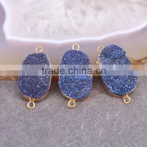 Multicolor Quartz Stone Druzy Connector Beads, Rectangle Gold Plated Agate Titanium Druzy Gem Stone Connector Beads thumbnail-1