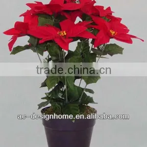 RED ARTIFICIAL VELVET POINSETTIA FLOWER BUSH X 9 W/9 PCS POINSETTIA FLOWER HEAD ON PLASTIC PLANTER thumbnail-1