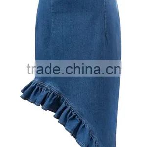 2015 New Fashion Asymmetrical Ruffled Denim Pencil Mini Short Skirt thumbnail-2