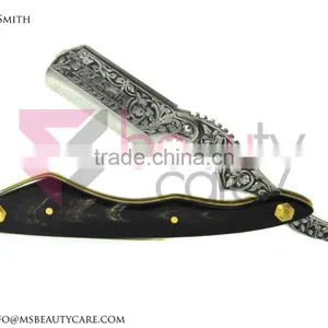 Stainless Steel Barber Razor Hand Engraved With Buffalo Horn thumbnail-2