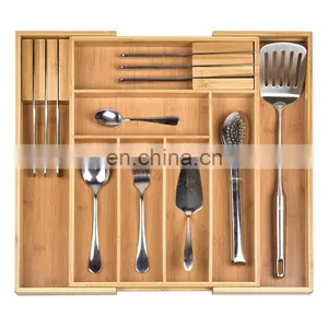 8 Expandable Compartments Bamboo Utensil Spoon Holder With Divider for Kitchen Drawer Silverware Cutlery Tray thumbnail-2