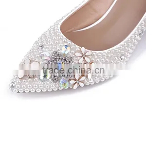 Pearl Beaded Pointed Toe Low Heels Diamond&flower Embelished Oem Designer Heels Women Wedding Dress Shoes thumbnail-5