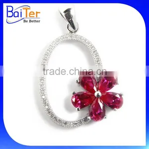 Fashion White Gold Plated 3 Three Stones Cubic Zircon CZ Genuine 925 Sterling Silver Lab Created Ruby Pendant thumbnail-4