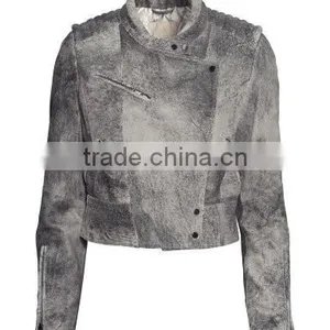 Gray Vintage Leather Biker Jacket for Woman thumbnail-1