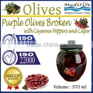 High Quality 100% Tunisian Table Olives,Purple Olives Broken With Cayenne Peppers and Capers, Purple Olives 370 ml Glass Jar thumbnail-1