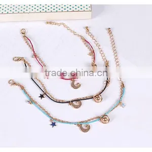 Star Moon Planet Tiny Rhinestone Charms Bracelet Double Layer Cotton Cord Gold Chain Bracelet thumbnail-3