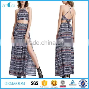 Long Skirt With Kurti and Tops for Sexy Women 2 Pieces Floral Halter Backless Crop Top + Maxi Skirt Set thumbnail-1