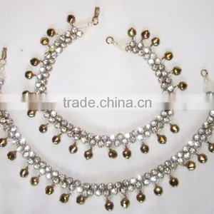 Gold cz BELLS Payal ANKLETS Feet Bracelet PAIR thumbnail-2