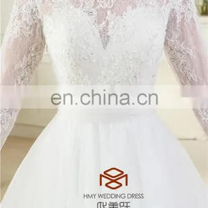 OEM Supply Muslim Long Sleeve Real Pictures Wedding Gown HMY-RP001 New Arrivals White Lace Appliques A Line 2015 Wedding Dress thumbnail-4