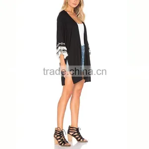 Trade Assurance Woman Overcoat Wide Sleeve Embroidered Black Kimono With Fringe thumbnail-3