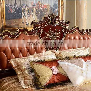 European Royal Brown Wooden Hand Carved Bed With Leather Headboard(MOQ=1 SET) thumbnail-5