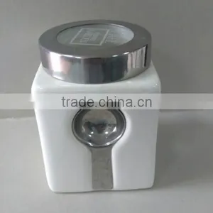 Plain White Ceramic Square Storage Jar With Spoon & Silicone Lid thumbnail-1