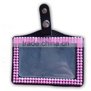 Pearl Style ID Holder, High Quality Promotion Gift PU Leather Badge Holder With Crystal Gem Decoration thumbnail-1