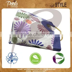 Floral Print Jute Beach Bag With Round Wooden Cane Handle - Tote Bag - Exclusive From India thumbnail-3
