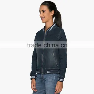 Blue Washed Women Plain Baseball Jacket Outdoor With Zipper Wholesale thumbnail-4
