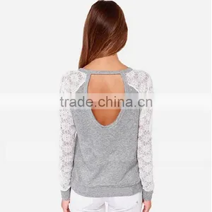 5 Size Choice Women Grey Fashion O Neck Backless Latest Lace Stitching Long Sleeve t Shirt Design thumbnail-5