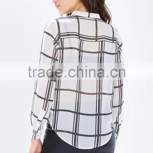 2015 New Design Sheer Chiffon Ladies Blouse Grid Print Blouses Wholesale thumbnail-5
