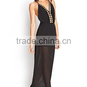 Hot Selling Women Spaghetti Strap Chiffon Evening Dress Plain Black Chiffon Evening Dress Backless Chiffon Evening Dress thumbnail-1