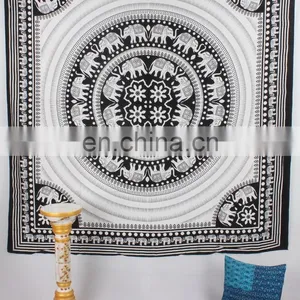 Indian Elephant Mandala Cotton Handmade Tapestry, Hippy Wall Hanging, Indian Bohemian Tapestry, Gypsy Bed Cover, Queen Bed Sheet thumbnail-1