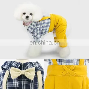 Hot Sale Fashionable Pet Clothing Suspender Trousers Set With Plaid Coat Bow Tie For Pets thumbnail-3