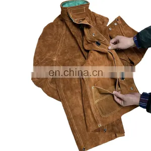 FR Cow Leather Welder Clothing Leather Weldor Apron Fire Proof Coverall Flame Retardant Cow Split Leather Welding Jackets thumbnail-1
