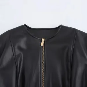 European and American Style Spring New Short Skirt Style Hem With Waist Cinching Imitation PU Leather Jacket Jacket for Women thumbnail-3