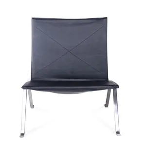 Minimalist PK22 Easy Chair, Poul Kjaerholm 1956 Replica Leather Accent Chair With Stainless Steel Base for Living Room & Commercial Use thumbnail-1
