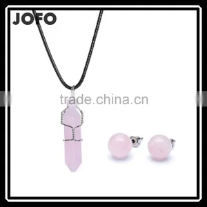 Big Promotion Rose Quartz Natural Stone Bullet Wire Necklace Earrings Jewelry Set SMJ0169 thumbnail-1