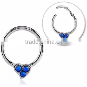 Septum Clicker Hoop Nose Ring Ear Cartilage Blue Opal Heart thumbnail-1