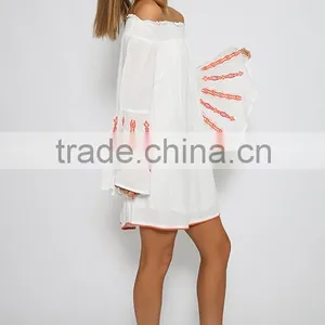 Hot-selling Off Shoulder Butterfly Sleeve Embroidered Stitch Tunic Dress thumbnail-2